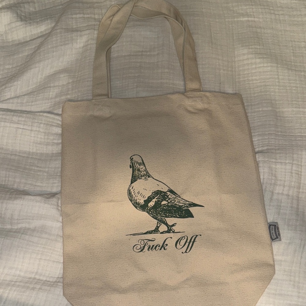 Beige Canvas Tote with Pigeon Print